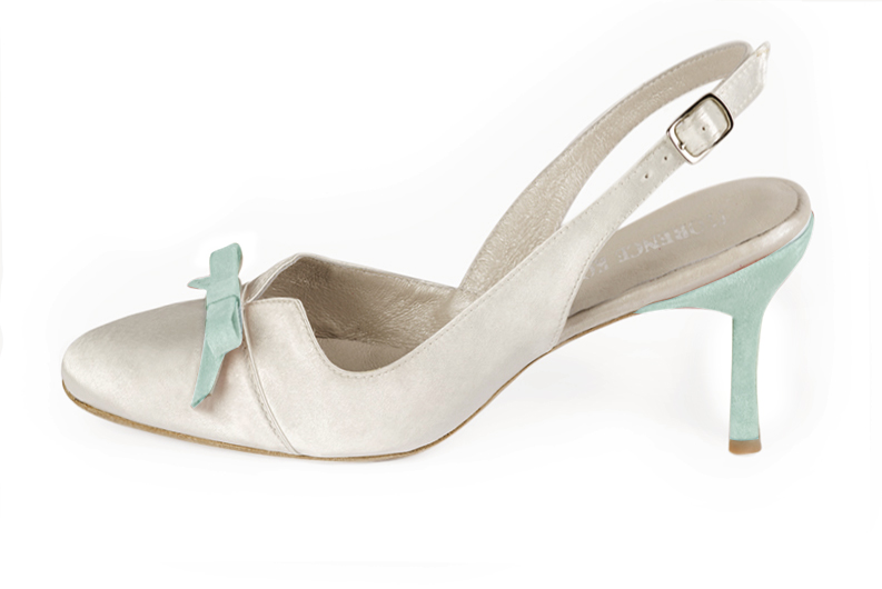 Pure white and aquamarine blue women's open back shoes, with a knot. Round toe. High slim heel. Profile view - Florence KOOIJMAN